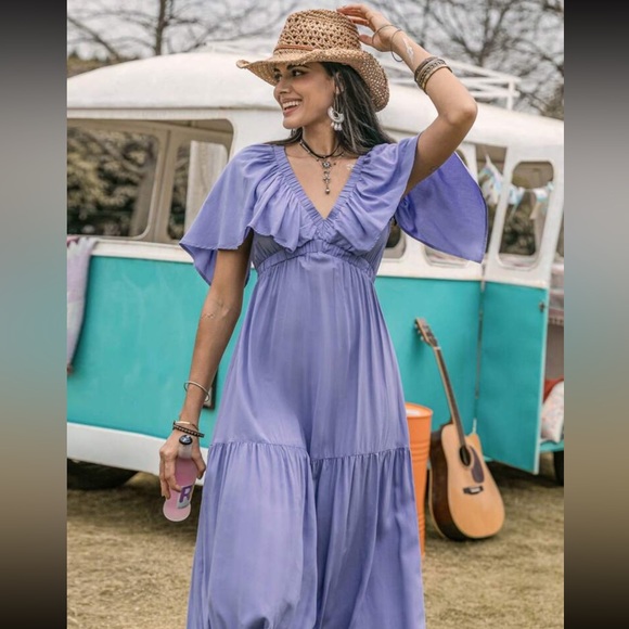 #133 Ruffled Lavender Maxi Dress elastic waist 100% Viscose - Picture 3 of 5